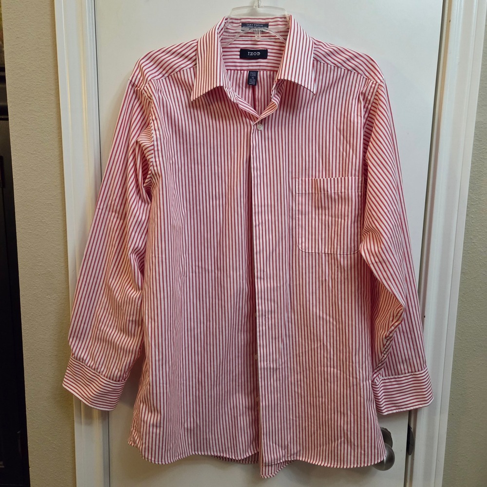 Izod Mens Red White Striped Silky Poplin Easy Care Button Down Shirt 16 32/33 L